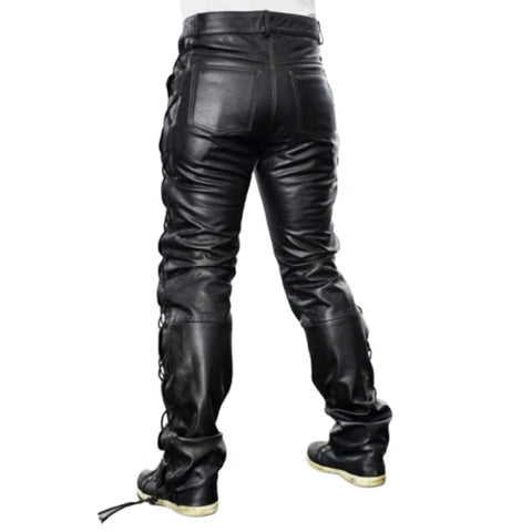 Men's Black Leather Motorcycle Lace-Up Trousers – Genuine Cowhide Biker Riding Pants