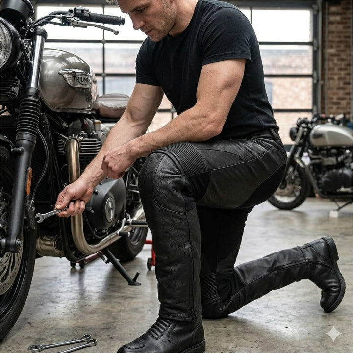 Men's Black Leather Motorcycle Trousers - CE Armoured Urban Riding Jeans