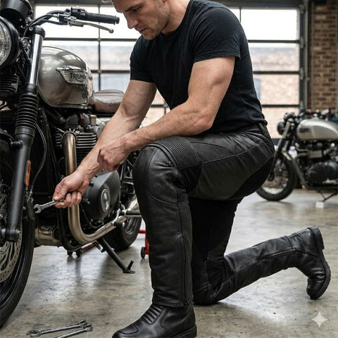 Men's Black Leather Motorcycle Trousers - CE Armoured Urban Riding Jeans