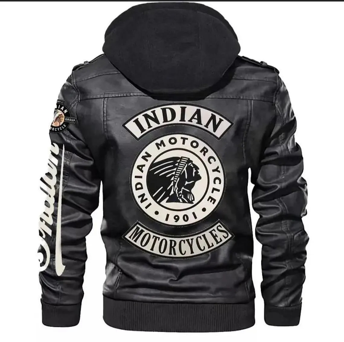 Black leather jacket with Indian Motorcycle logo on the back