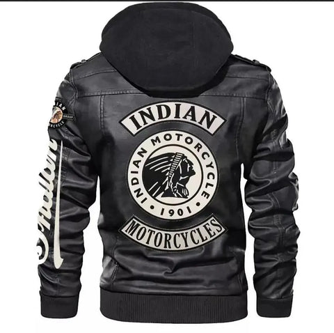 Black leather jacket with Indian Motorcycle logo on the back