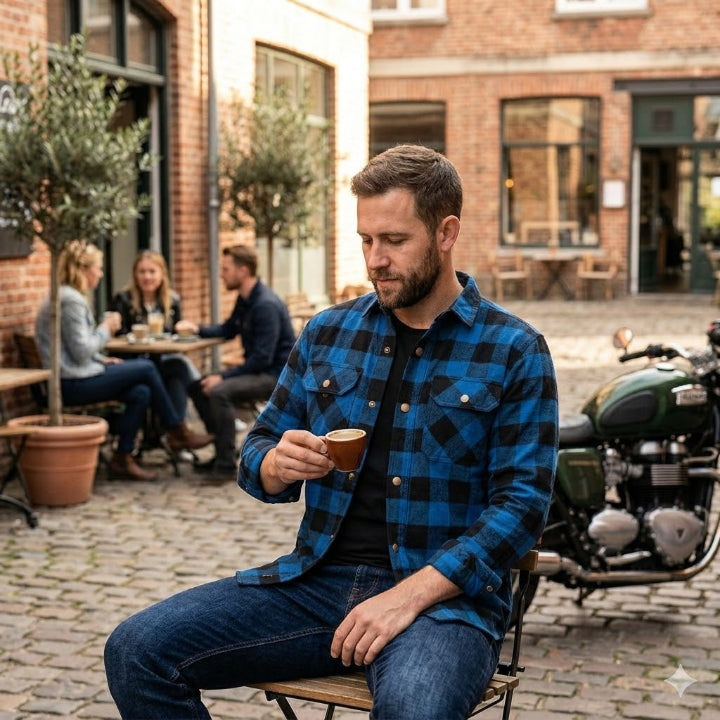 Cruiser Blue and Black Check Motorcycle Riding Overshirt Flannel Biker Shirt