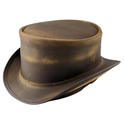 Distressed Brown Cowhide Top Hat Steampunk Gothic Biker Short Crown Shapeable Brim 