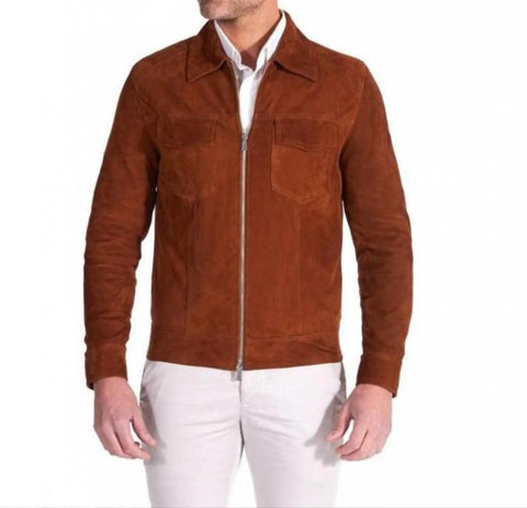 Handmade Brown Suede Leather Trucker Jacket | Western Style | Genuine Suede Zip-Up Outerwear