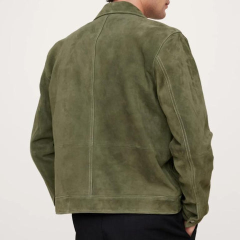 Men’s Genuine Suede Trucker Jacket | Olive Green Classic Fall Outerwear | Soft Real Suede Leather Streetwear Fashion