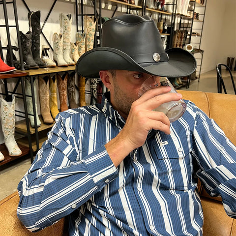 Men’s Genuine Leather Cowboy Hat – Western Cyclone Shape with Concho Accents UK