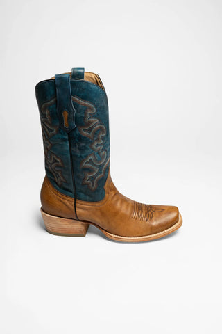Navy Blue & Sand Embroidered Square Toe Cowboy Boots
