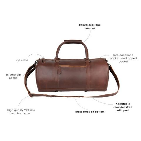Men’s Brown Full-Grain Leather Duffle Bag – Vintage Weekender Travel Holdall