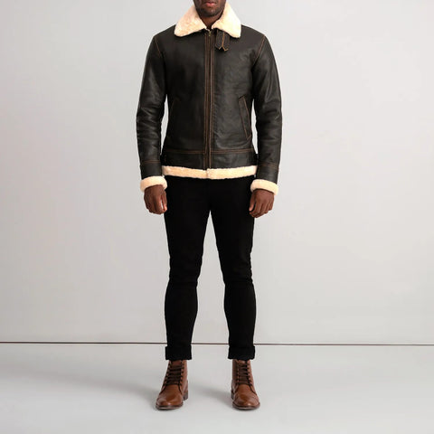 Men’s Brown Leather Shearling Jacket – Classic Fur Lined Winter Aviator Coat