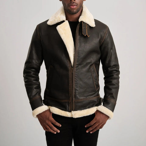 Men’s Brown Leather Shearling Jacket – Classic Fur Lined Winter Aviator Coat