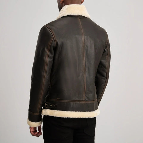Men’s Brown Leather Shearling Jacket – Classic Fur Lined Winter Aviator Coat