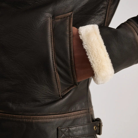 Men’s Brown Leather Shearling Jacket – Classic Fur Lined Winter Aviator Coat