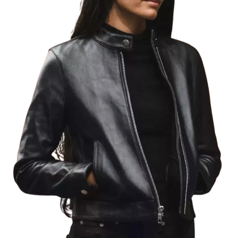 Women’s Black Lambskin Leather Biker Jacket – Slim Fit, Asymmetrical Zip, Handmade Design