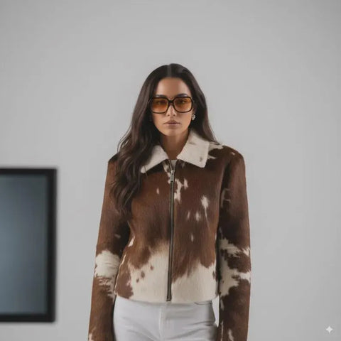 Women’s Genuine Cowhide Leather Jacket – Natural Hair-On Cow Skin & Pony Hair Hide Coat with Front Zipper and Classic Collar