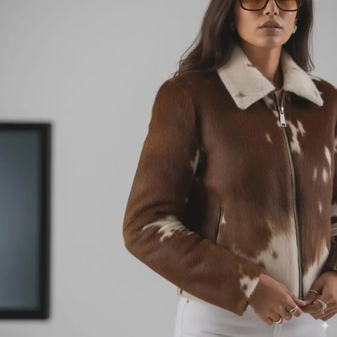 Women’s Genuine Cowhide Leather Jacket – Natural Hair-On Cow Skin & Pony Hair Hide Coat with Front Zipper and Classic Collar