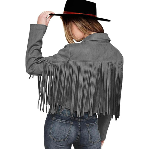Women Real Suede Fringe Jacket Grey Western Cowgirl Genuine Leather Cropped Boho Jacket