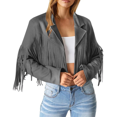 Women Real Suede Fringe Jacket Grey Western Cowgirl Genuine Leather Cropped Boho Jacket