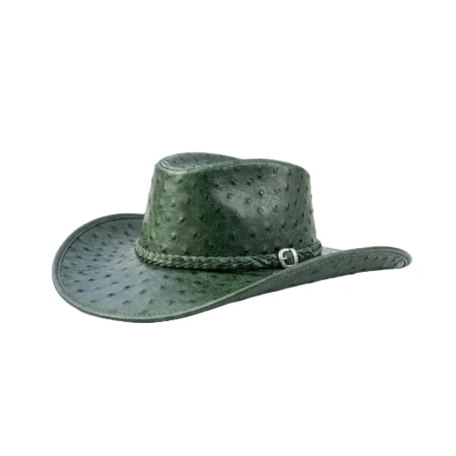 Cognac Green Ostrich Embossed Leather Cowboy Hat Western Rodeo Ranch Wide Brim Country Style