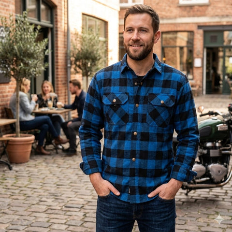 Cruiser Blue and Black Check Motorcycle Riding Overshirt Flannel Biker Shirt