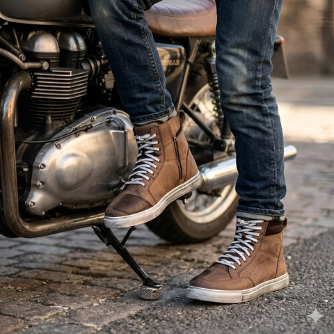 Cruiser Urban Leather Motorcycle Sneakers  Brown High Top Riding Boots with Side Zip