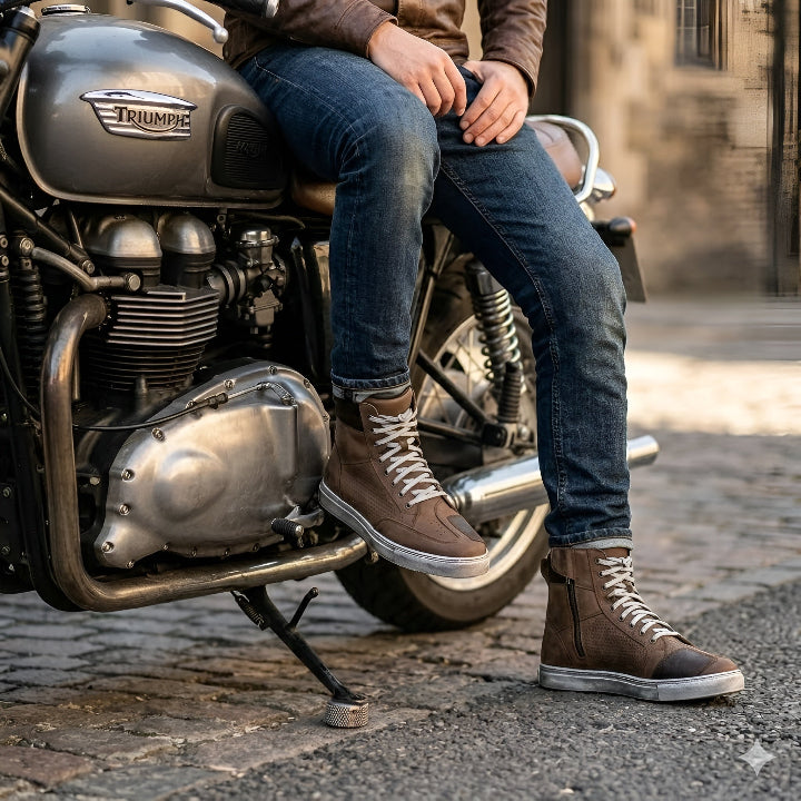Cruiser Urban Leather Motorcycle Sneakers  Brown High Top Riding Boots with Side Zip