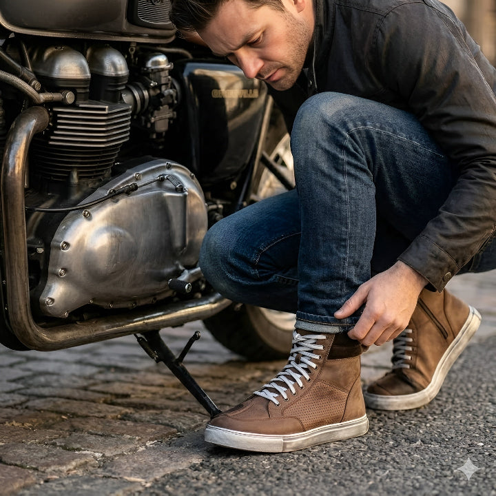 Cruiser Urban Leather Motorcycle Sneakers  Brown High Top Riding Boots with Side Zip