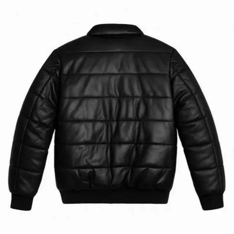 Men’s Black Leather Puffer Jacket with Fur Collar – Luxury Winter Quilted Coat