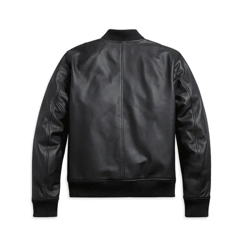 Black Leather Bomber Jacket with Zip Closure Stylish Genuine Leather Outerwear