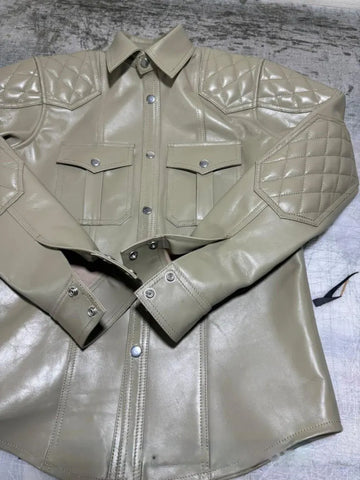 Men’s Beige Leather Shirt | Quilted Shoulders | Real Leather Snap Button Shirt | Handmade & Gift For Any Special Person