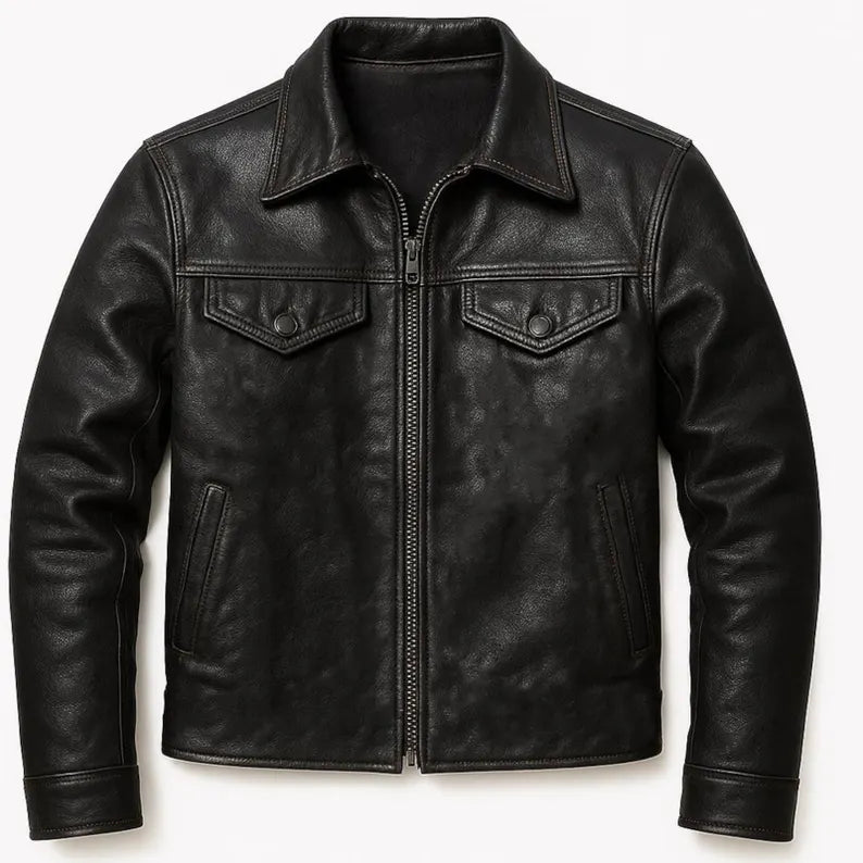 Vintage Style Men’s Black Leather Jacket – Handmade Cowhide Streetwear | Genuine Leather Gift for Her