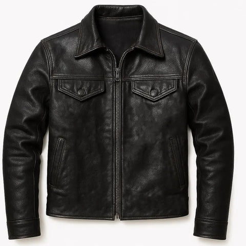 Vintage Style Men’s Black Leather Jacket – Handmade Cowhide Streetwear | Genuine Leather Gift for Her