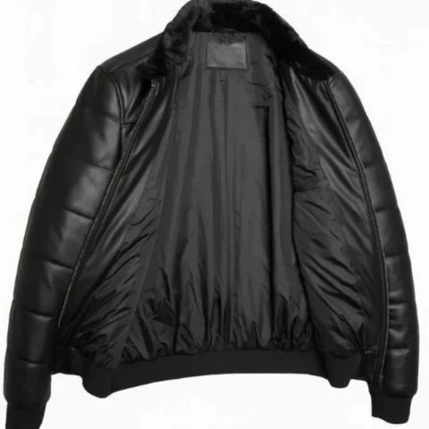 Men’s Black Leather Puffer Jacket with Fur Collar – Luxury Winter Quilted Coat