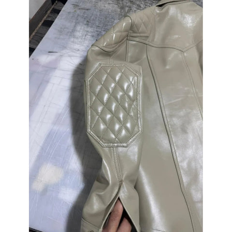 Men’s Premium Beige Leather Shirt with Quilted Shoulders – Snap-Button Casual Biker Fashion