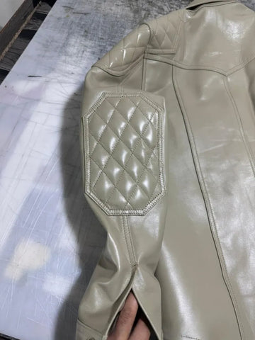 Men’s Beige Leather Shirt | Quilted Shoulders | Real Leather Snap Button Shirt | Handmade & Gift For Any Special Person
