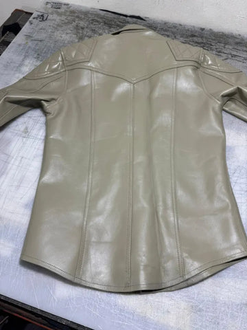 Men’s Beige Leather Shirt | Quilted Shoulders | Real Leather Snap Button Shirt | Handmade & Gift For Any Special Person