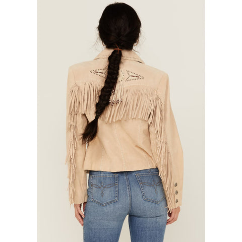 Women Real Suede Fringe Jacket Beige Western Cowgirl Genuine Leather Boho Vintage Suede Jacket