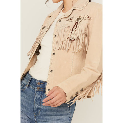 Women Real Suede Fringe Jacket Beige Western Cowgirl Genuine Leather Boho Vintage Suede Jacket