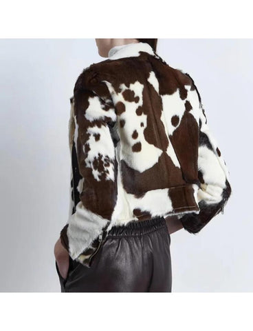 Women’s Genuine Cowhide Leather Jacket – Handmade Western Style, Durable Outerwear with Unique Hair-On Hide Pattern