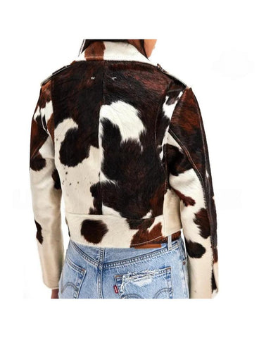 Women’s Genuine Cowhide Leather Jacket – Handmade Western Style, Durable Outerwear with Unique Hair-On Hide Pattern