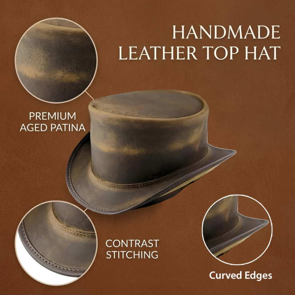 Distressed Brown Cowhide Top Hat Steampunk Gothic Biker Short Crown Shapeable Brim 