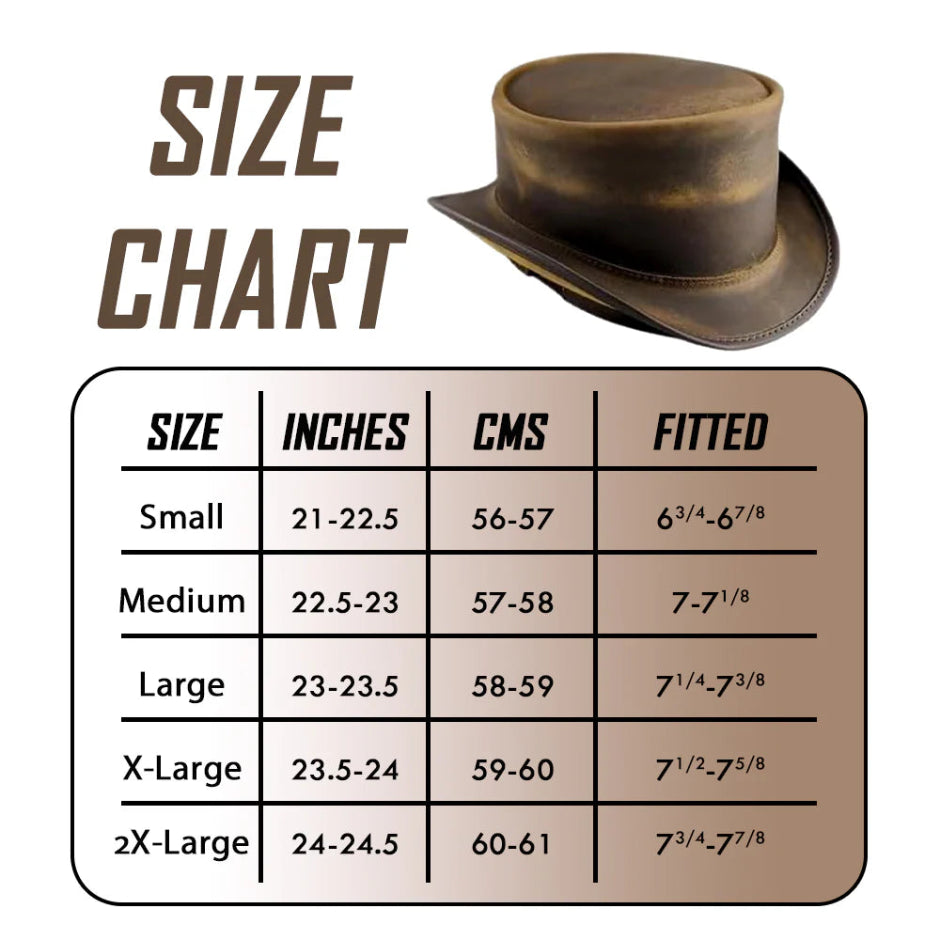Distressed Brown Cowhide Top Hat Steampunk Gothic Biker Short Crown Shapeable Brim 