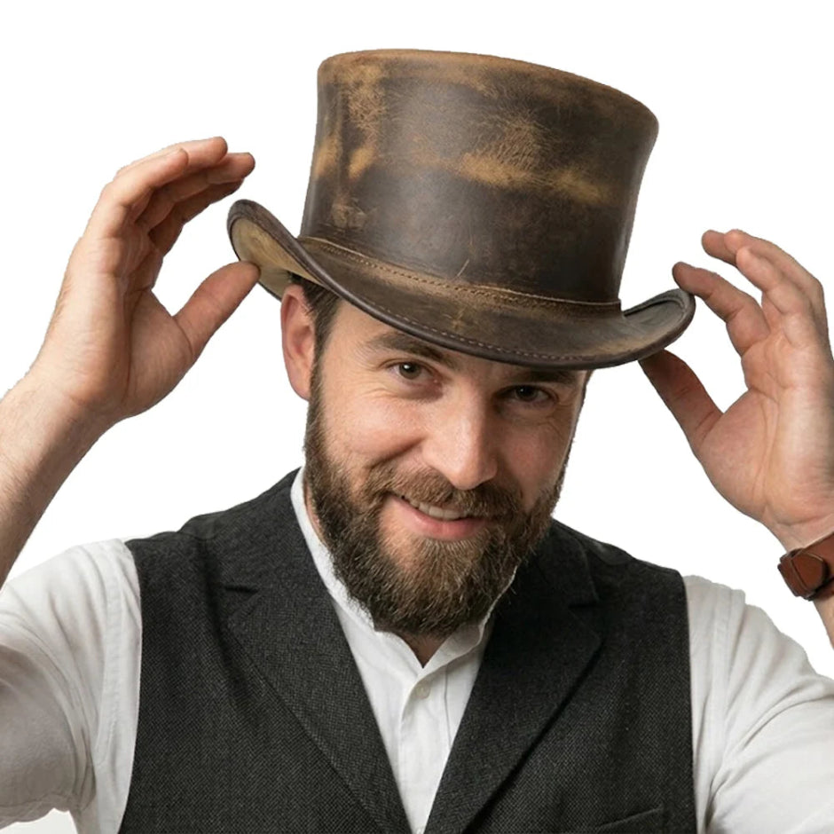 Distressed Brown Cowhide Top Hat Steampunk Gothic Biker Short Crown Shapeable Brim 