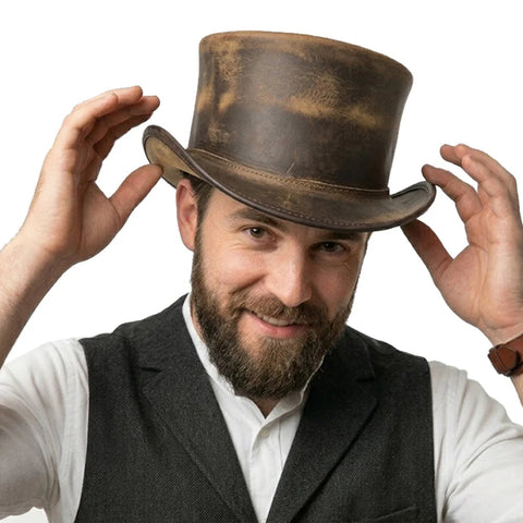 Distressed Brown Cowhide Top Hat Steampunk Gothic Biker Short Crown Shapeable Brim 