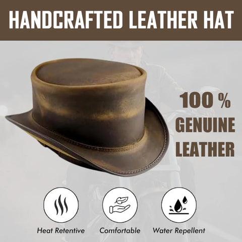 Distressed Brown Cowhide Top Hat Steampunk Gothic Biker Short Crown Shapeable Brim 