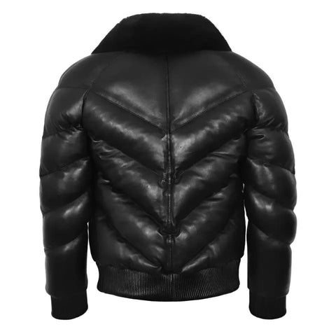 Men’s Black Quilted Leather Puffer Jacket with Fur Collar – Slim Fit Winter Coat