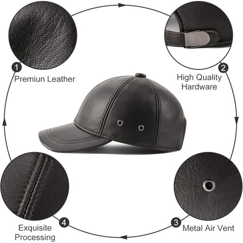 Unisex Black Leather Baseball Cap – Handmade Genuine Leather