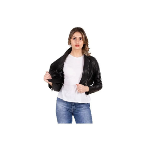 Women’s Stylish Black Cropped Leather Biker Jacket – Trendy Slim-Fit, Edgy Outerwear