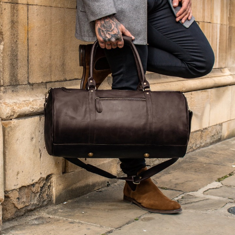 Dark Brown Full-Grain Leather Duffle Bag – Vintage Weekender Travel Holdall