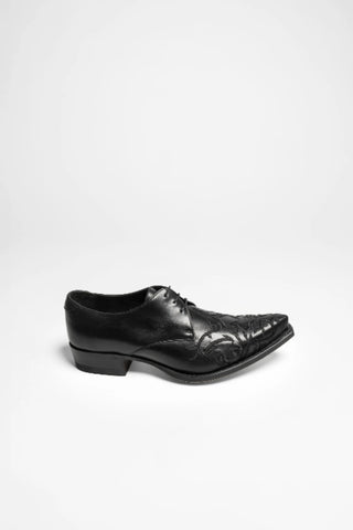 Men’s Black Western Lace-Up Shoes | Genuine Leather Cowboy Dress Shoes | Classic Vintage Western Footwear