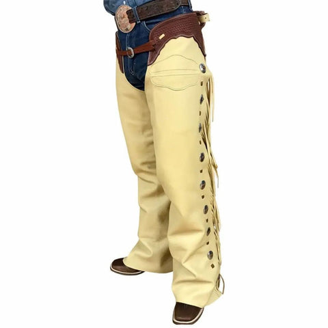 Premium Yellow Leather Western Cowboy Chaps – Durable Riding Chaps for Rodeo